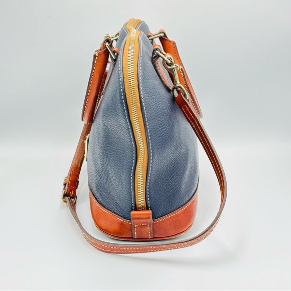 Dooney and Bourke Leather Pebble Grain Zip Zip Satchel Bag Navy Blue Brown - Picture 4 of 14